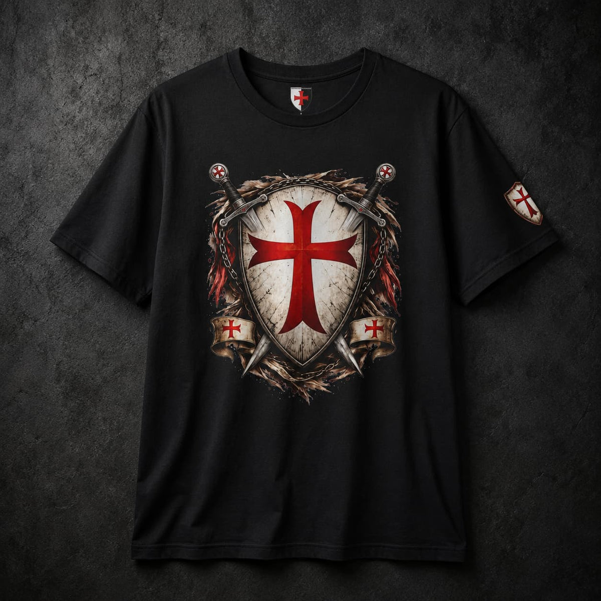 T-shirt Bouclier Sacré en coton noir avec motif de bouclier templier, croix rouge et épées croisées.