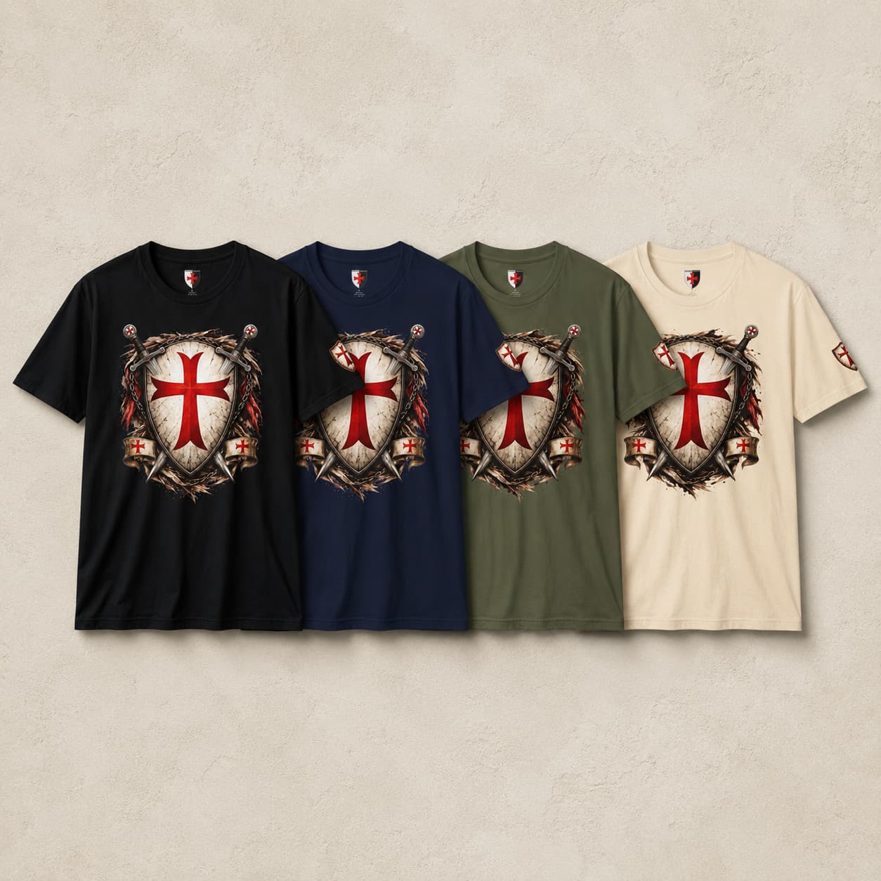 Variantes du T-shirt Bouclier Sacré en coton en noir, bleu marine, vert militaire et natural.