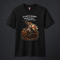 T-Shirt Chevalier de la Volonté en coton noir avec chevalier templier, bouclier croisé et citation médiévale.