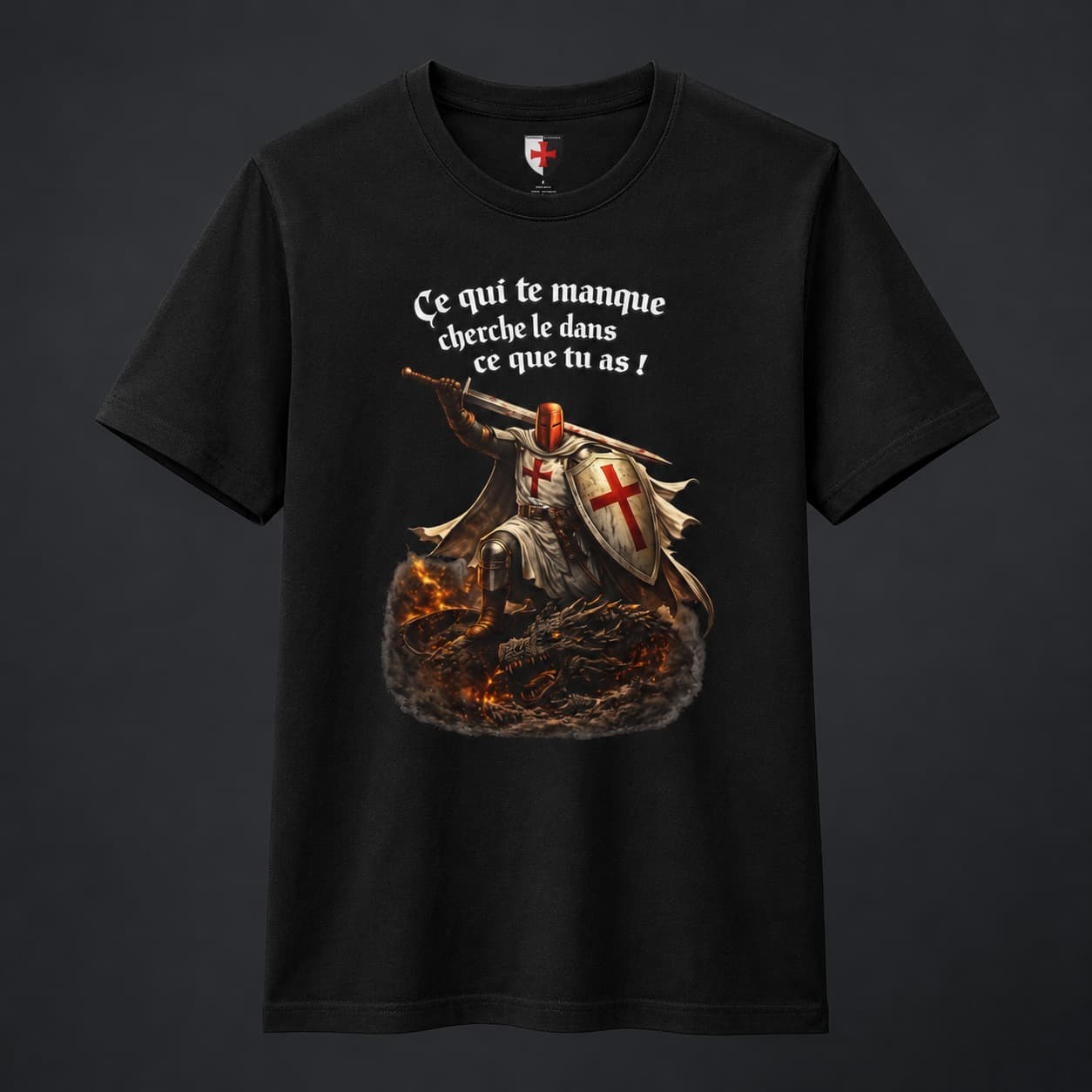 T-Shirt Chevalier de la Volonté en coton noir avec chevalier templier, bouclier croisé et citation médiévale.