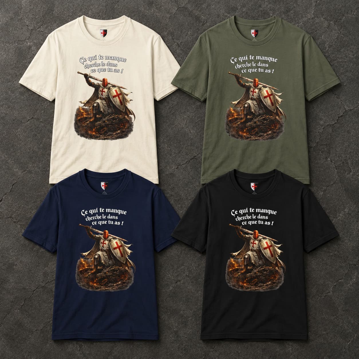 Variantes du T-Shirt Chevalier de la Volonté en coton en natural, vert militaire, bleu navy et noir.