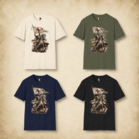 Variantes du T-Shirt Chevalier de l’Étendard en coton natural, vert militaire, bleu navy et noir.