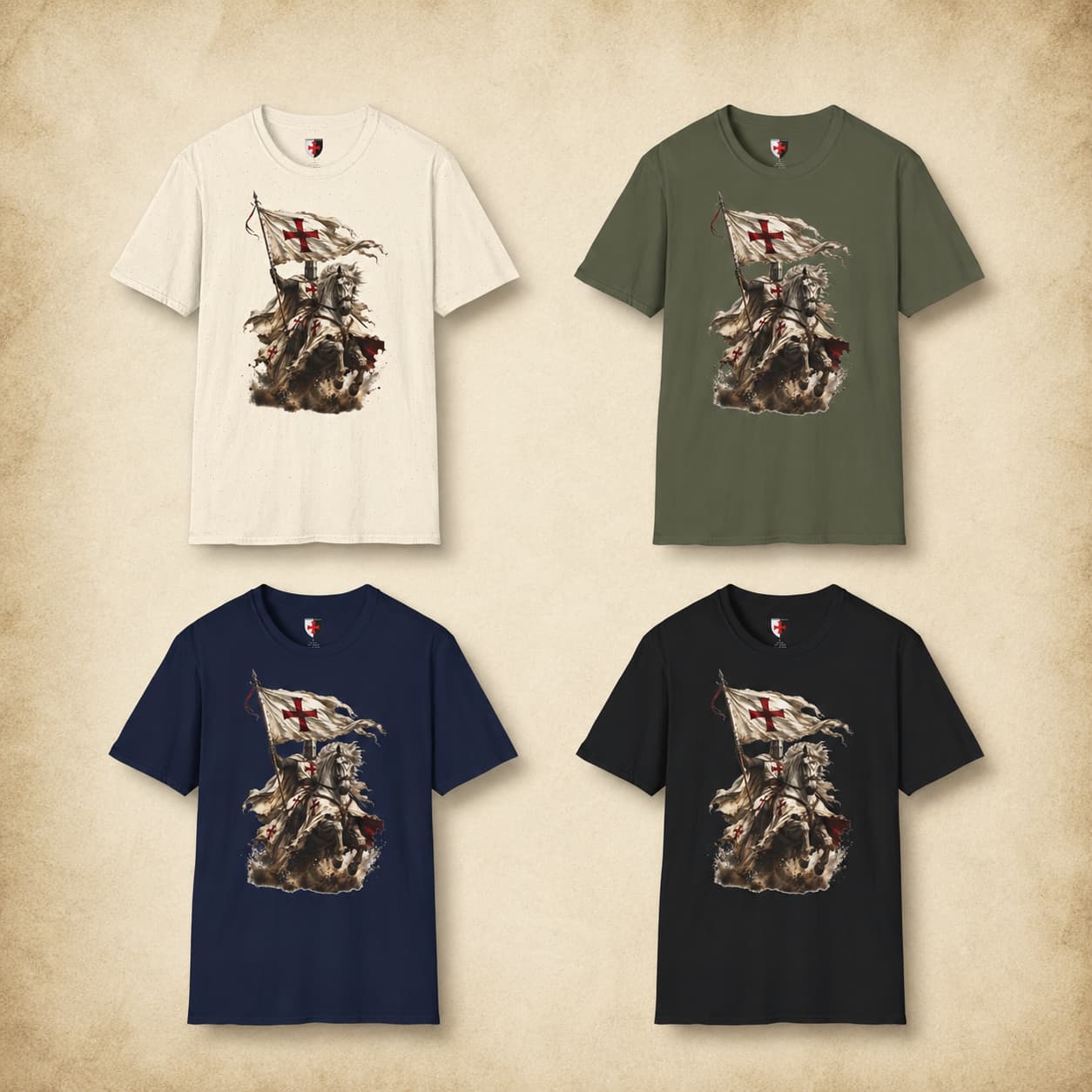 Variantes du T-Shirt Chevalier de l’Étendard en coton natural, vert militaire, bleu navy et noir.