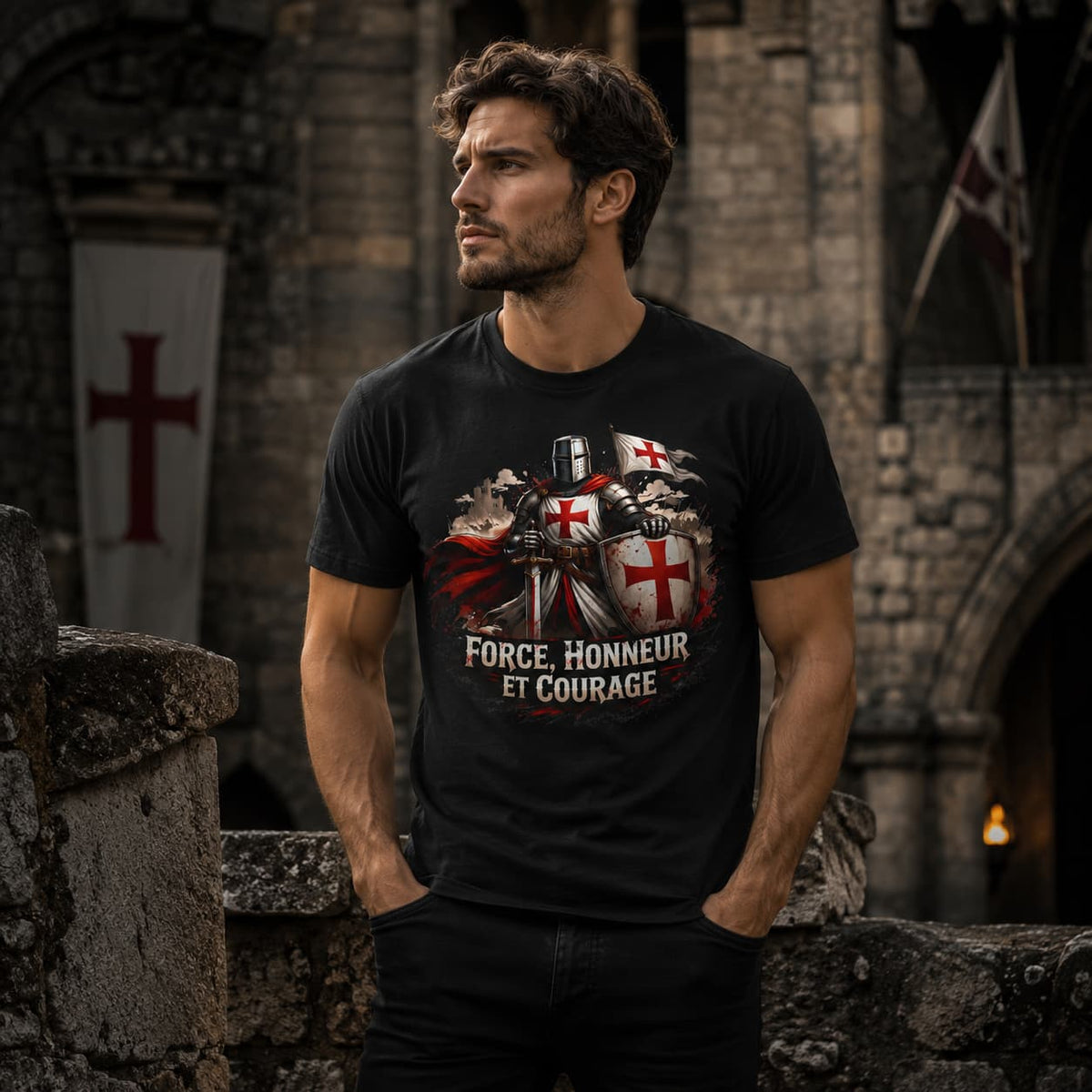 T-shirt Chevalier Templier en coton noir porté par un homme dans une ambiance de château médiéval.