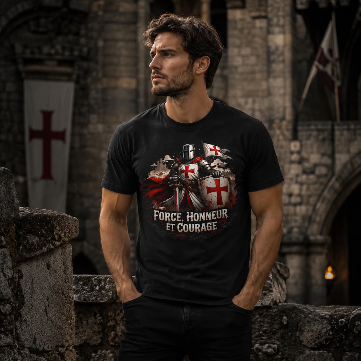 T-shirt Chevalier Templier en coton noir porté par un homme dans une ambiance de château médiéval.