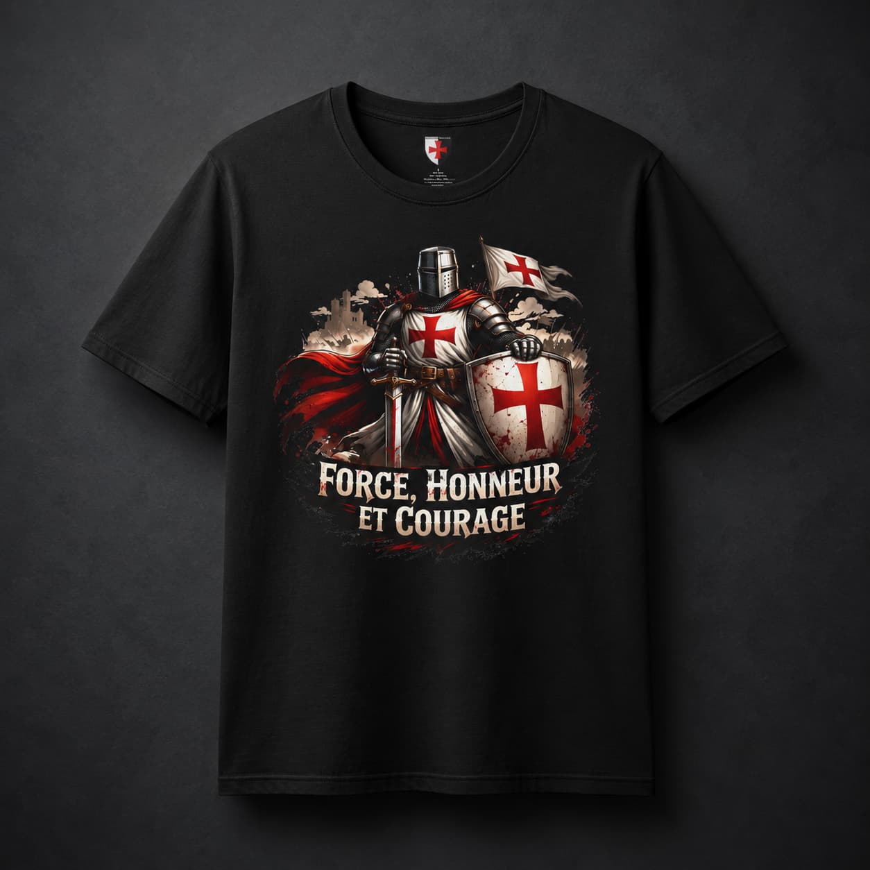 T-shirt Chevalier Templier en coton noir avec motif chevalier croisé, bouclier et texte Force, Honneur et Courage.