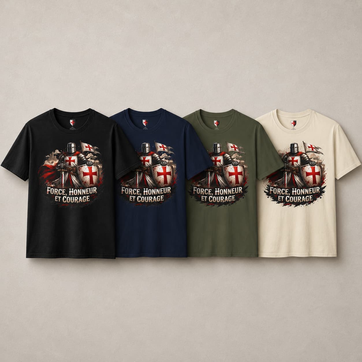Variantes du T-shirt Chevalier Templier en coton en noir, bleu navy, vert militaire et natural.