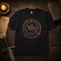 T-Shirt Confrérie du Temple en coton noir présenté sur bois ancien avec ambiance médiévale.