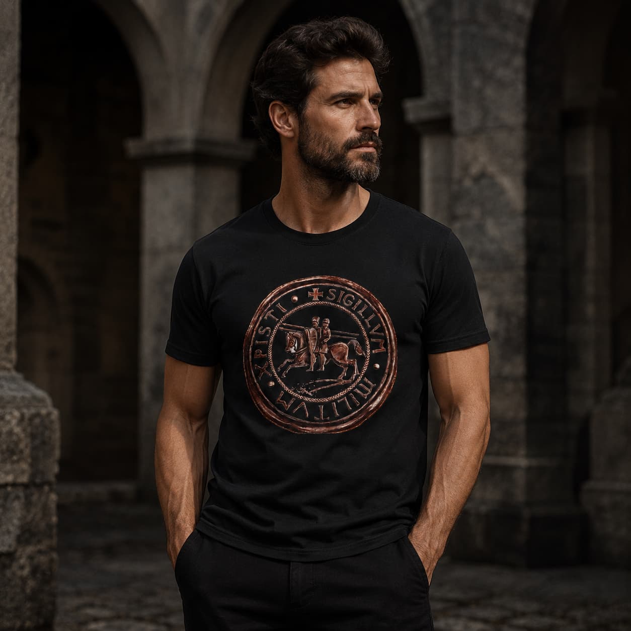 Homme portant le T-Shirt Confrérie du Temple en coton noir dans une ambiance médiévale sombre.
