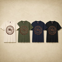 Variantes du T-Shirt Confrérie du Temple en coton disponibles en noir, bleu navy, vert militaire et natural.