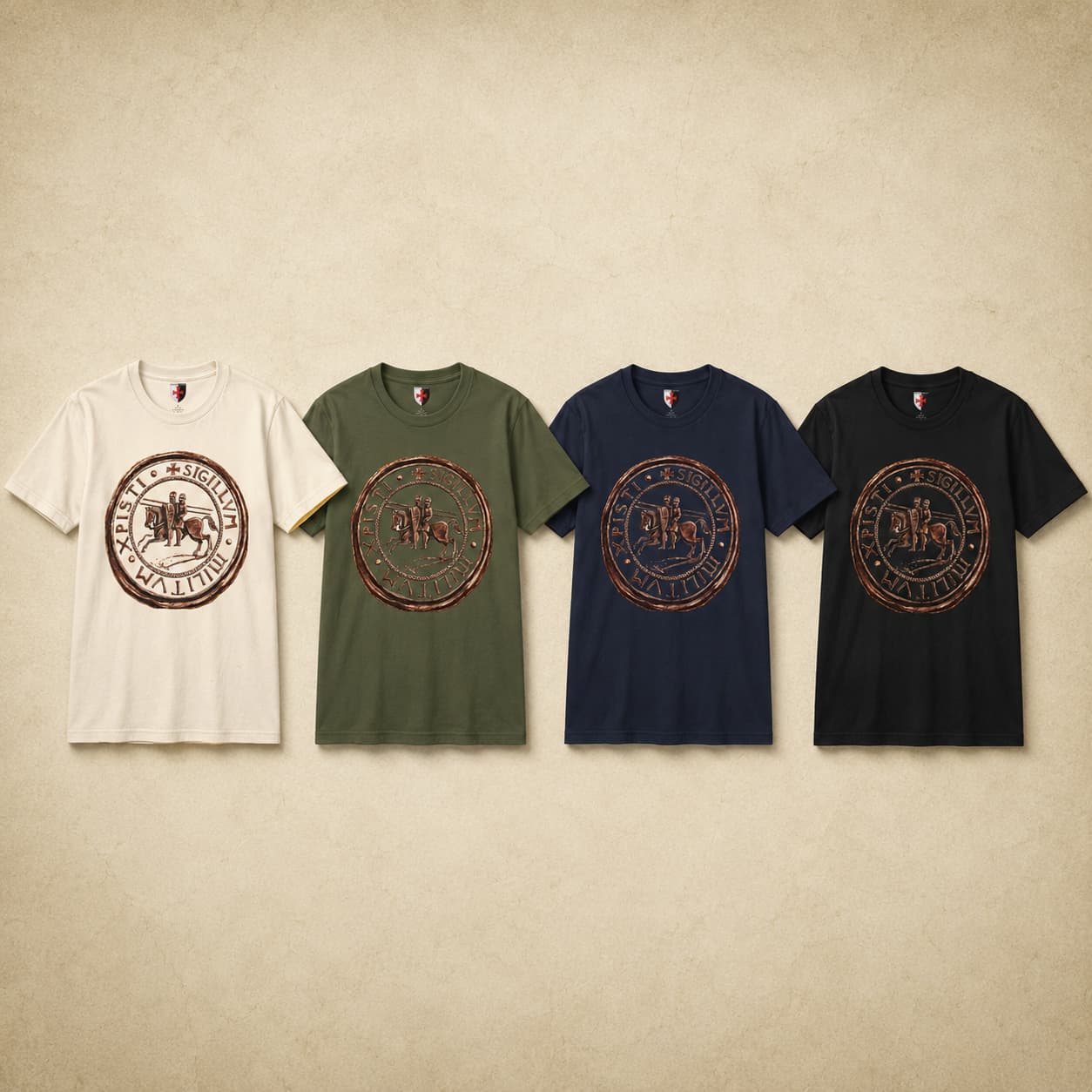 Variantes du T-Shirt Confrérie du Temple en coton disponibles en noir, bleu navy, vert militaire et natural.