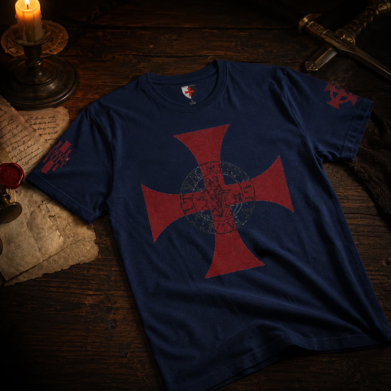 T-Shirt Croix des Chevaliers du Temple en coton bleu marine présenté dans une ambiance médiévale sombre avec parchemin et bougie.