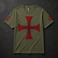T-Shirt Croix des Chevaliers du Temple en coton vert militaire avec motif croix rouge et sceau templier.