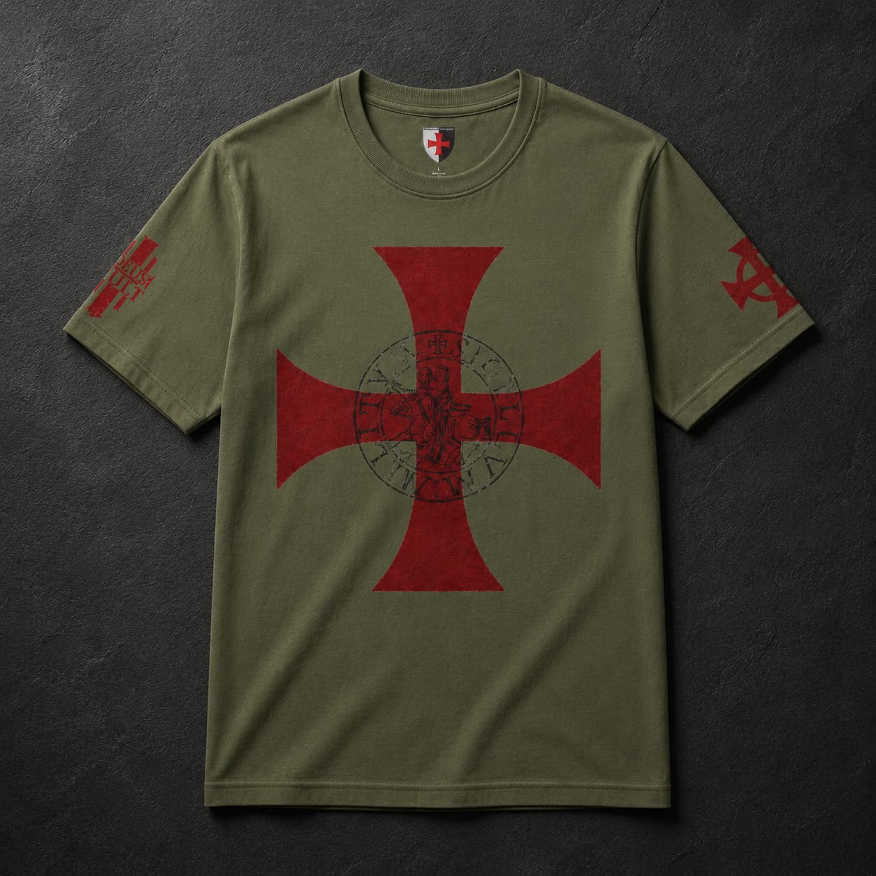 T-Shirt Croix des Chevaliers du Temple en coton vert militaire avec motif croix rouge et sceau templier.