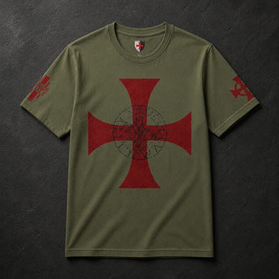 T-Shirt Croix des Chevaliers du Temple en coton vert militaire avec motif croix rouge et sceau templier.
