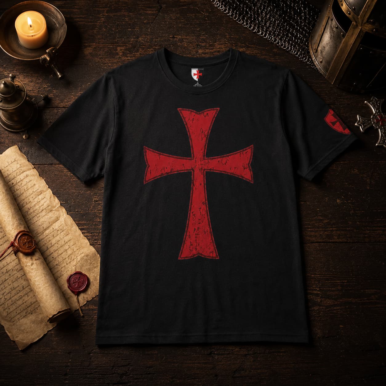 T-Shirt Croix des Frères du Temple en coton noir présenté sur bois ancien avec parchemin, bougie et ambiance médiévale.