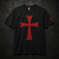 T-Shirt Croix des Frères du Temple en coton noir avec grande croix templière rouge sur fond ardoise sombre.