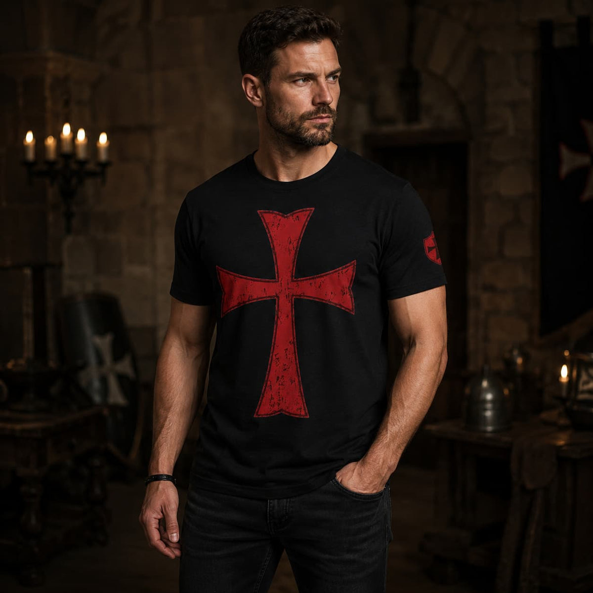Homme portant le T-Shirt Croix des Frères du Temple en coton noir avec croix rouge dans une ambiance médiévale sombre.