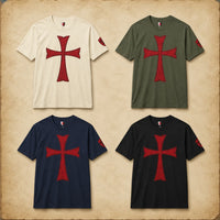 Variantes du T-Shirt Croix des Frères du Temple en coton natural, vert militaire, bleu navy et noir avec croix templière rouge.