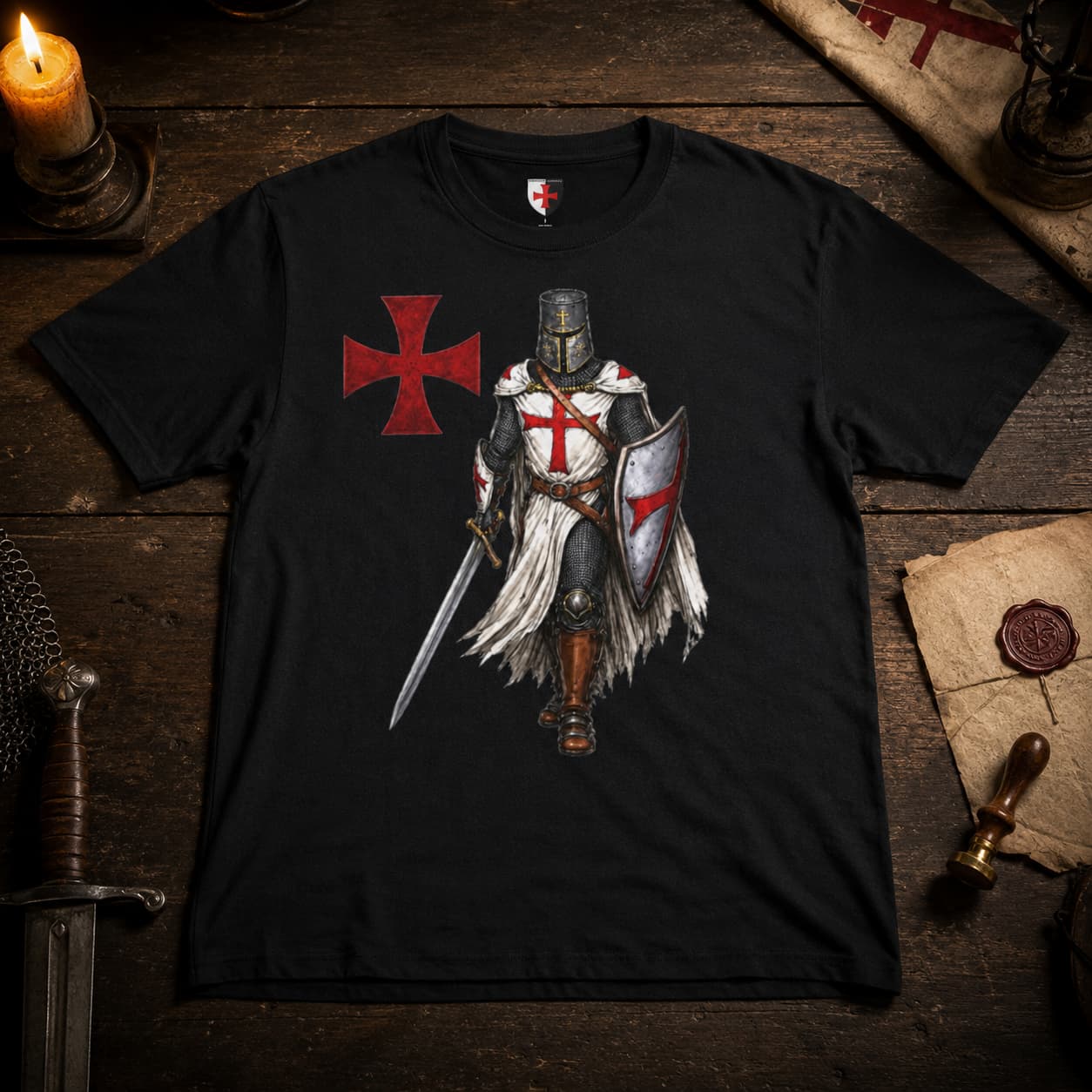 T-Shirt Défenseur du Temple en coton noir présenté sur bois ancien avec parchemin, bougie et ambiance médiévale.