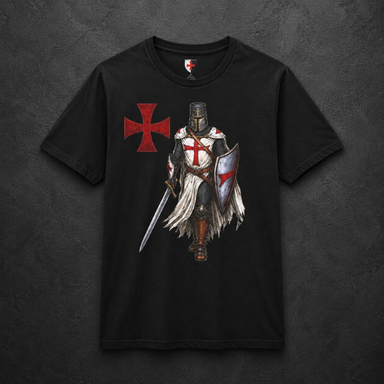 T-Shirt Défenseur du Temple en coton noir avec chevalier templier et croix rouge sur fond ardoise sombre.
