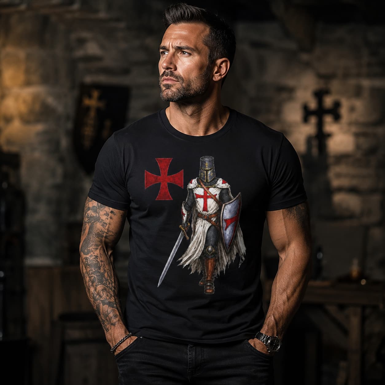 T-Shirt Défenseur du Temple en coton noir porté par un homme viril dans une ambiance médiévale sombre.
