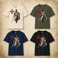 T-Shirt Défenseur du Temple en coton disponible en natural écru, vert militaire, bleu marine et noir avec motif chevalier templier.