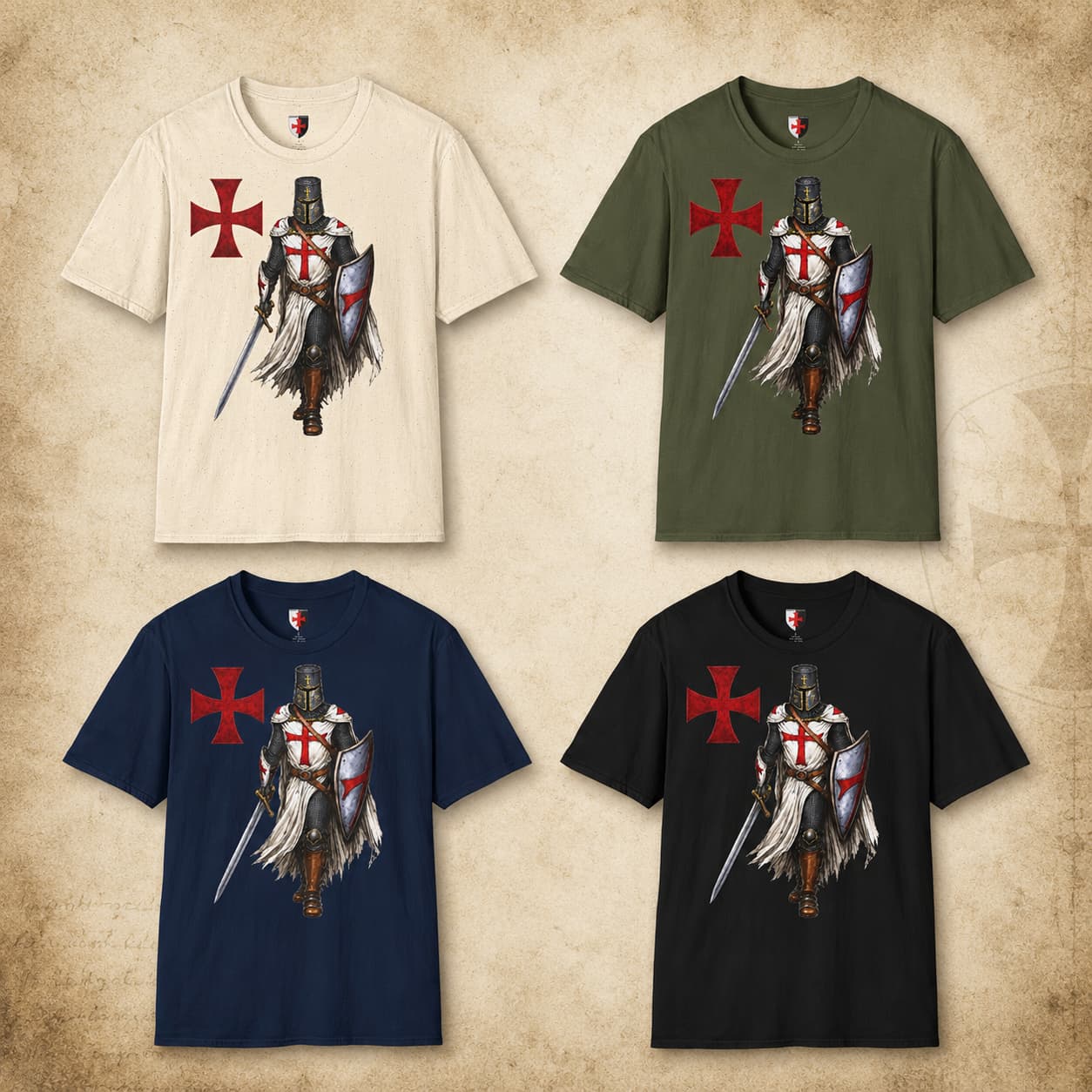 T-Shirt Défenseur du Temple en coton disponible en natural écru, vert militaire, bleu marine et noir avec motif chevalier templier.