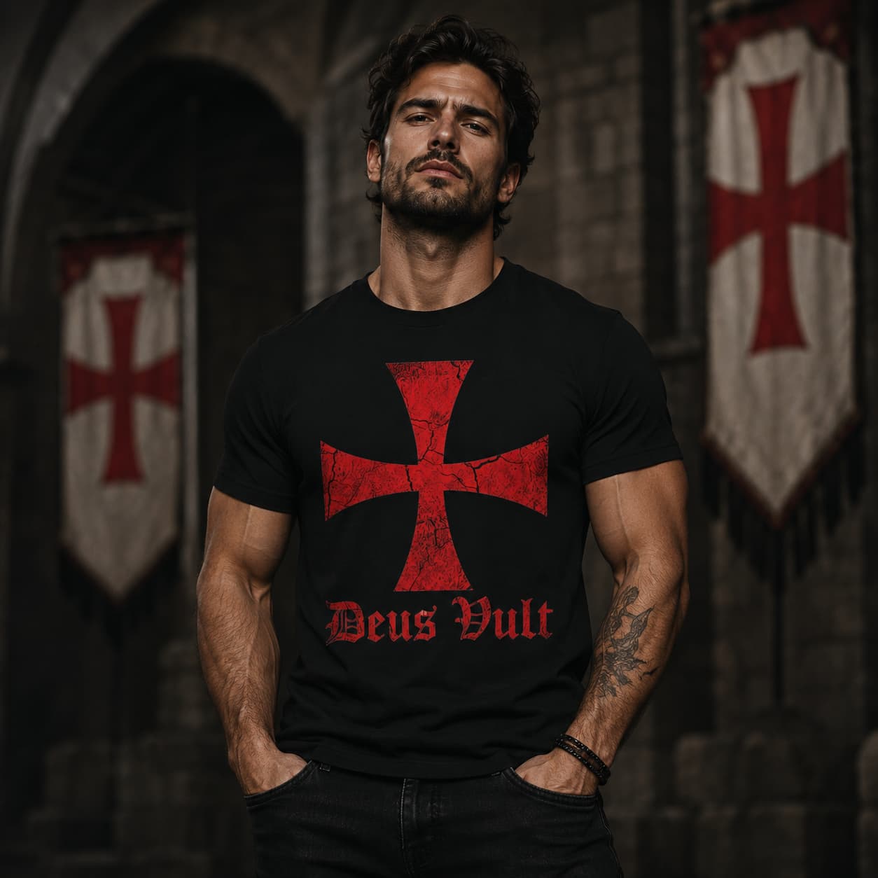 Homme musclé portant le T-Shirt Deus Vult des Templiers en coton noir dans un décor médiéval sombre.