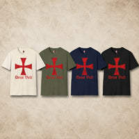 Variantes du T-Shirt Deus Vult des Templiers en coton natural, vert militaire, bleu navy et noir.