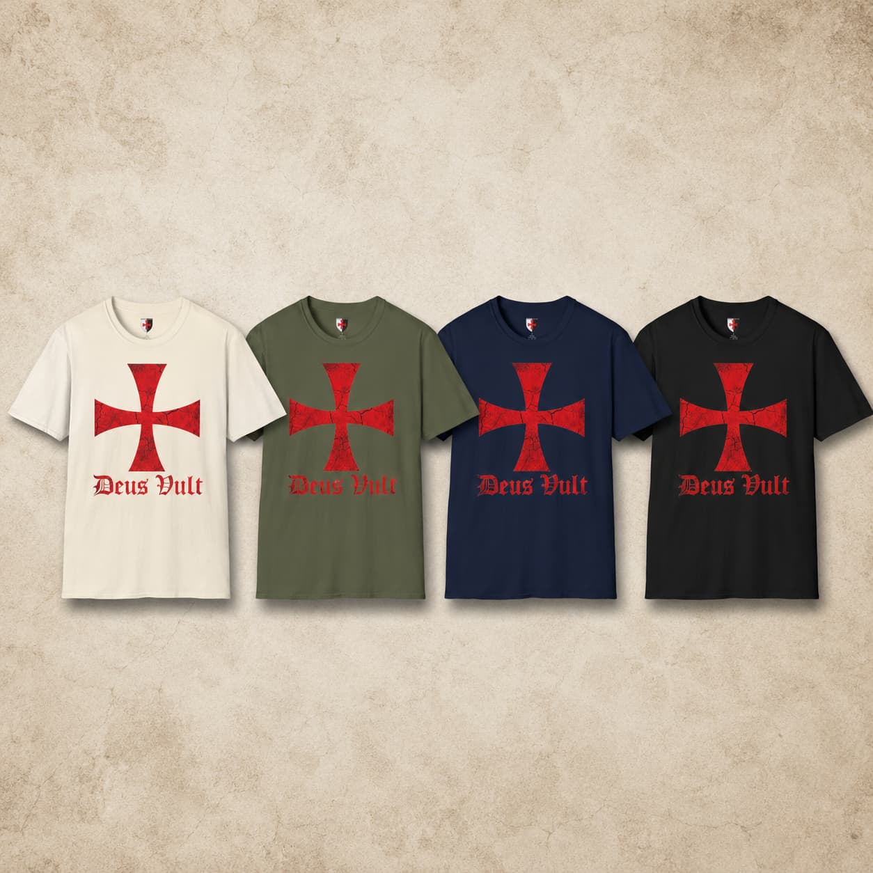 Variantes du T-Shirt Deus Vult des Templiers en coton natural, vert militaire, bleu navy et noir.
