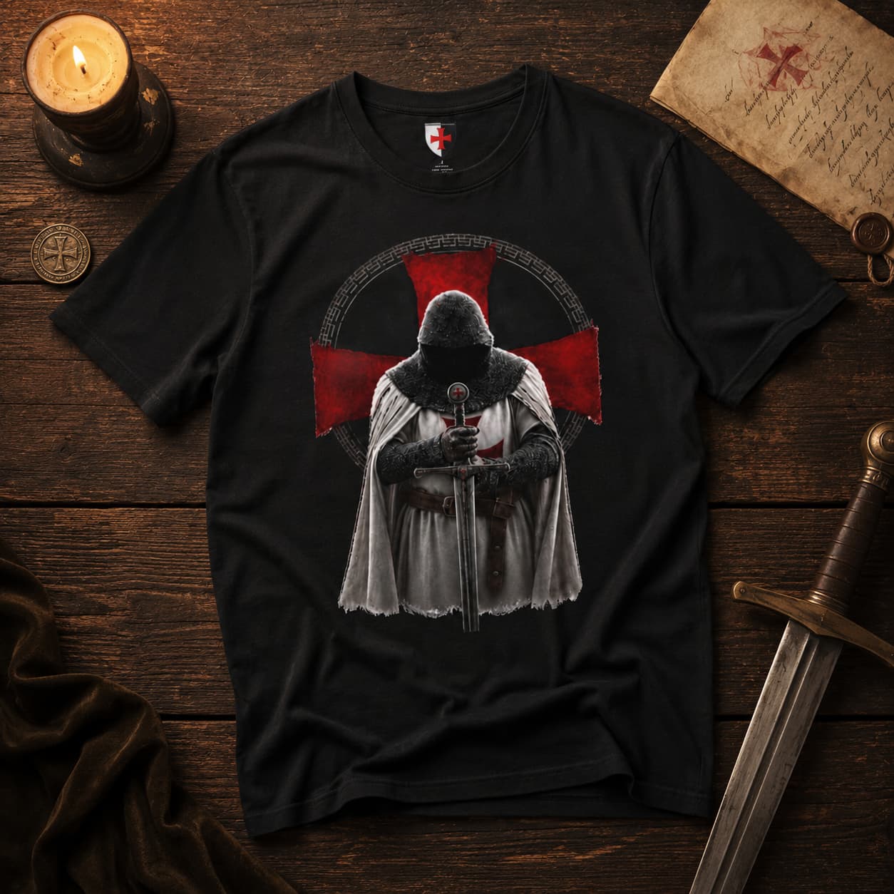 T-shirt Foi du Templier en coton noir présenté sur table en bois ancien avec bougie, parchemin et épée.