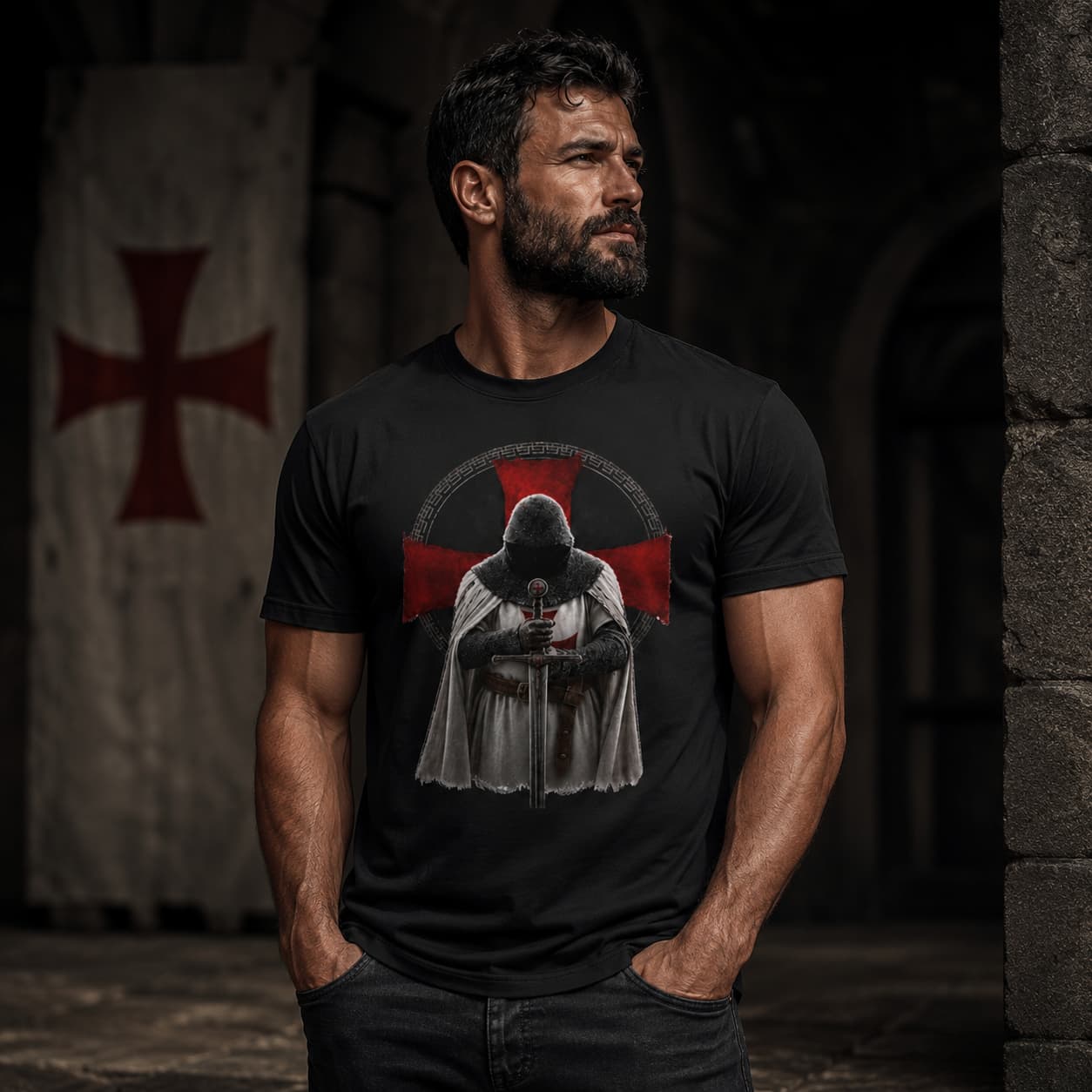 T-shirt Foi du Templier en coton noir porté par un homme dans une ambiance médiévale sombre.