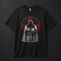 T-shirt Foi du Templier en coton noir avec chevalier templier encapuchonné, épée et croix rouge.