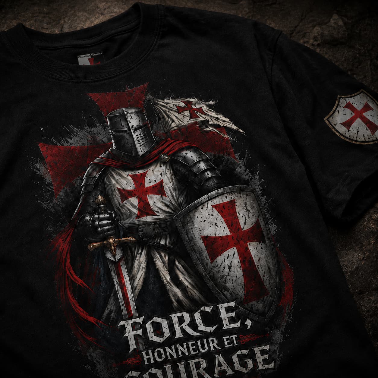 Détail du motif du T-shirt Force & Honneur avec chevalier templier, armure, épée et bouclier.