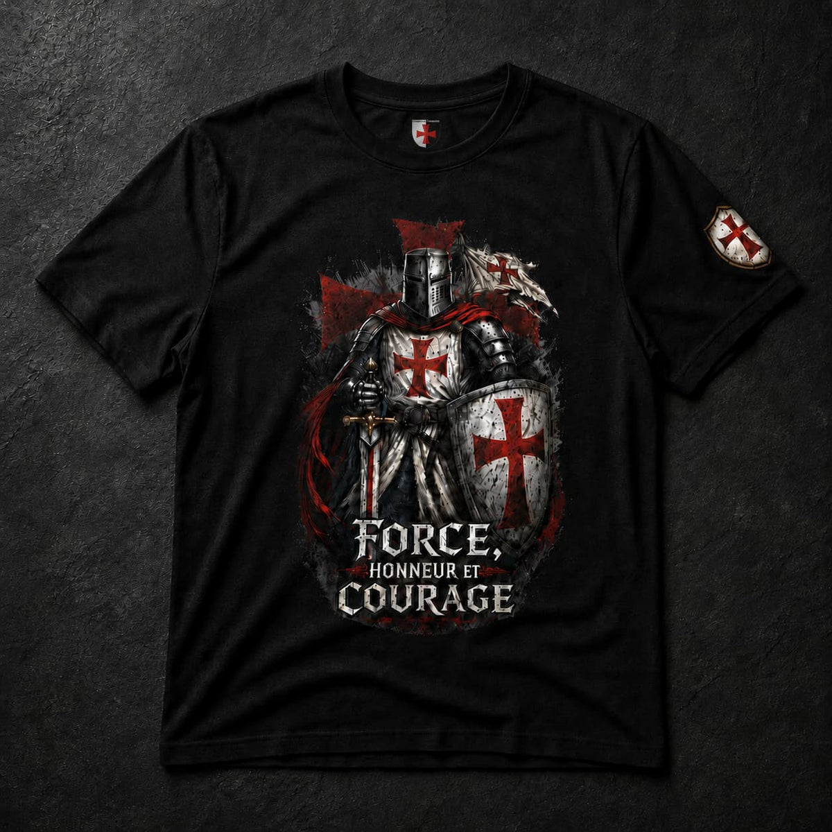 T-shirt Force & Honneur en coton noir avec chevalier templier, croix rouge et bouclier sacré.
