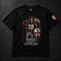 T-shirt Force & Honneur en coton noir avec chevalier templier, croix rouge et bouclier sacré.