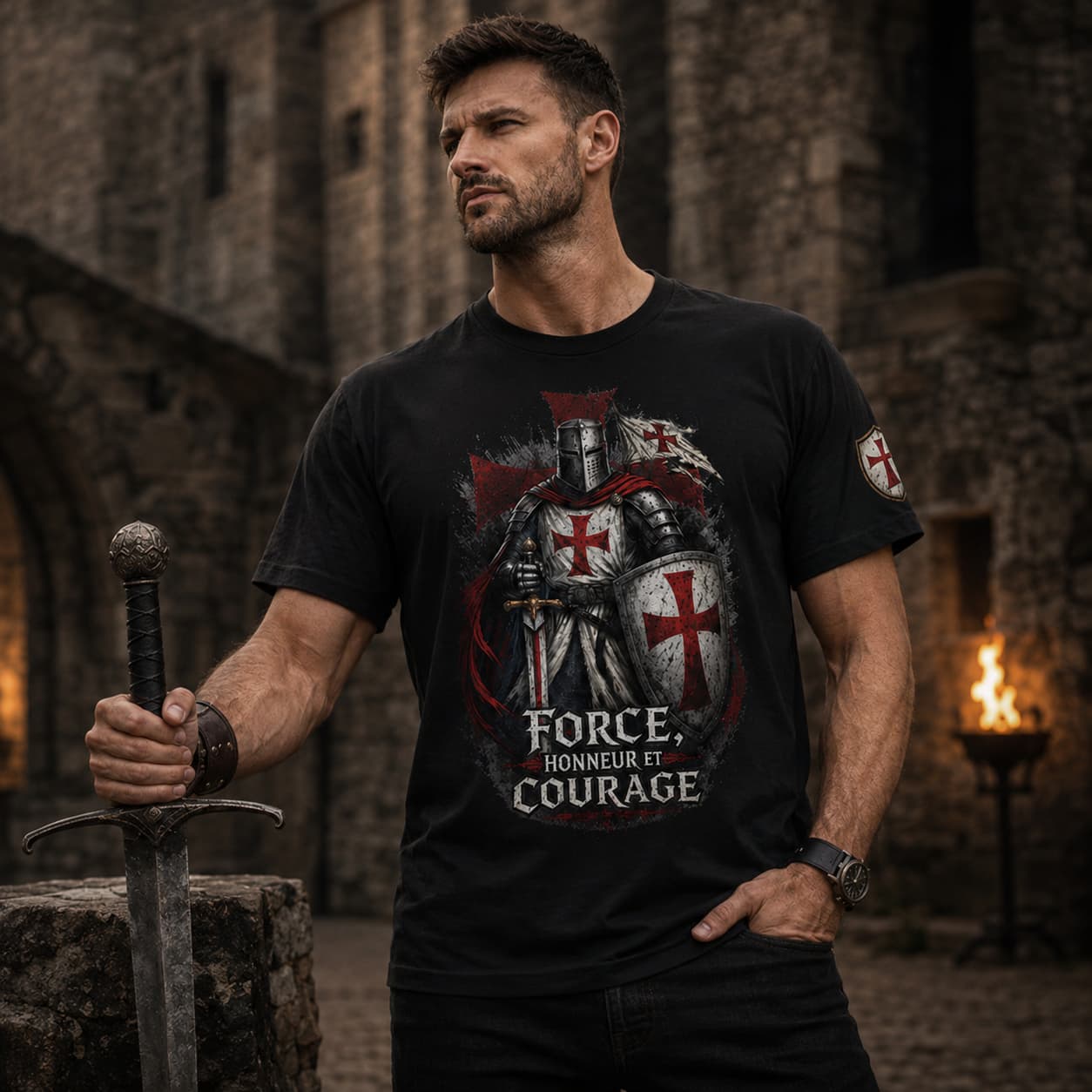 T-shirt Force & Honneur en coton noir porté par un homme dans une ambiance médiévale.