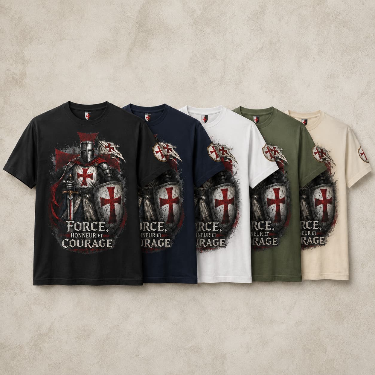 Variantes de couleurs du T-shirt Force & Honneur en coton avec motif chevalier templier.