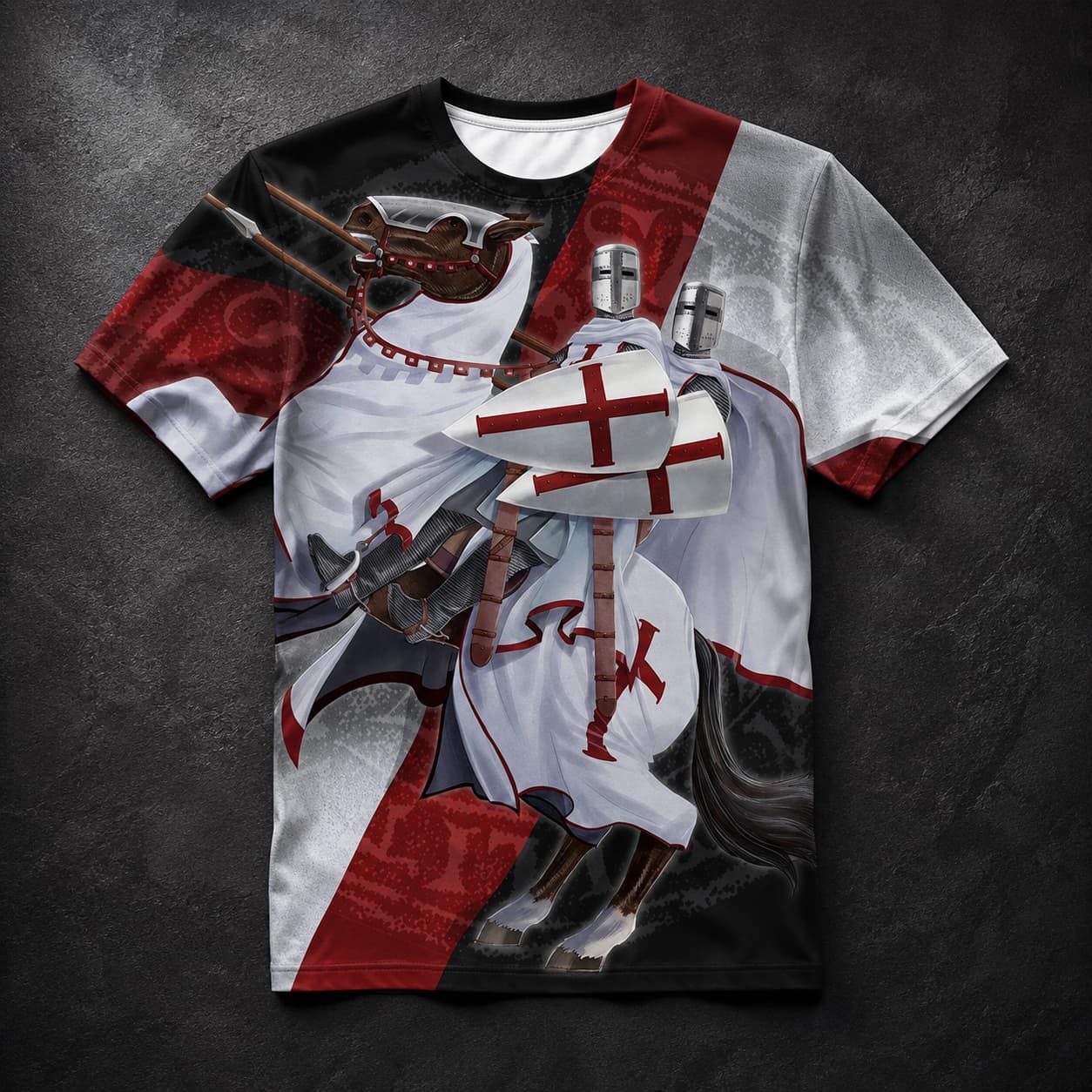 T-Shirt Honneur du Temple en polyester avec motif chevaliers templiers sur fond ardoise sombre.