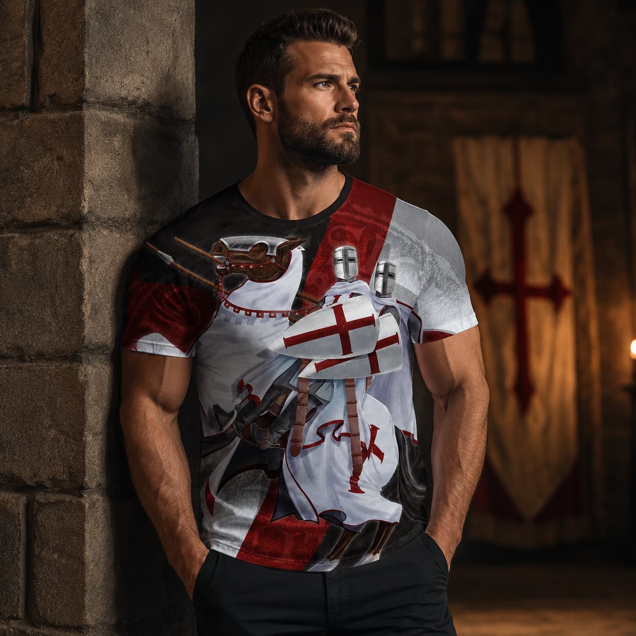 T-Shirt Honneur du Temple en polyester porté par un homme dans un décor médiéval sombre.