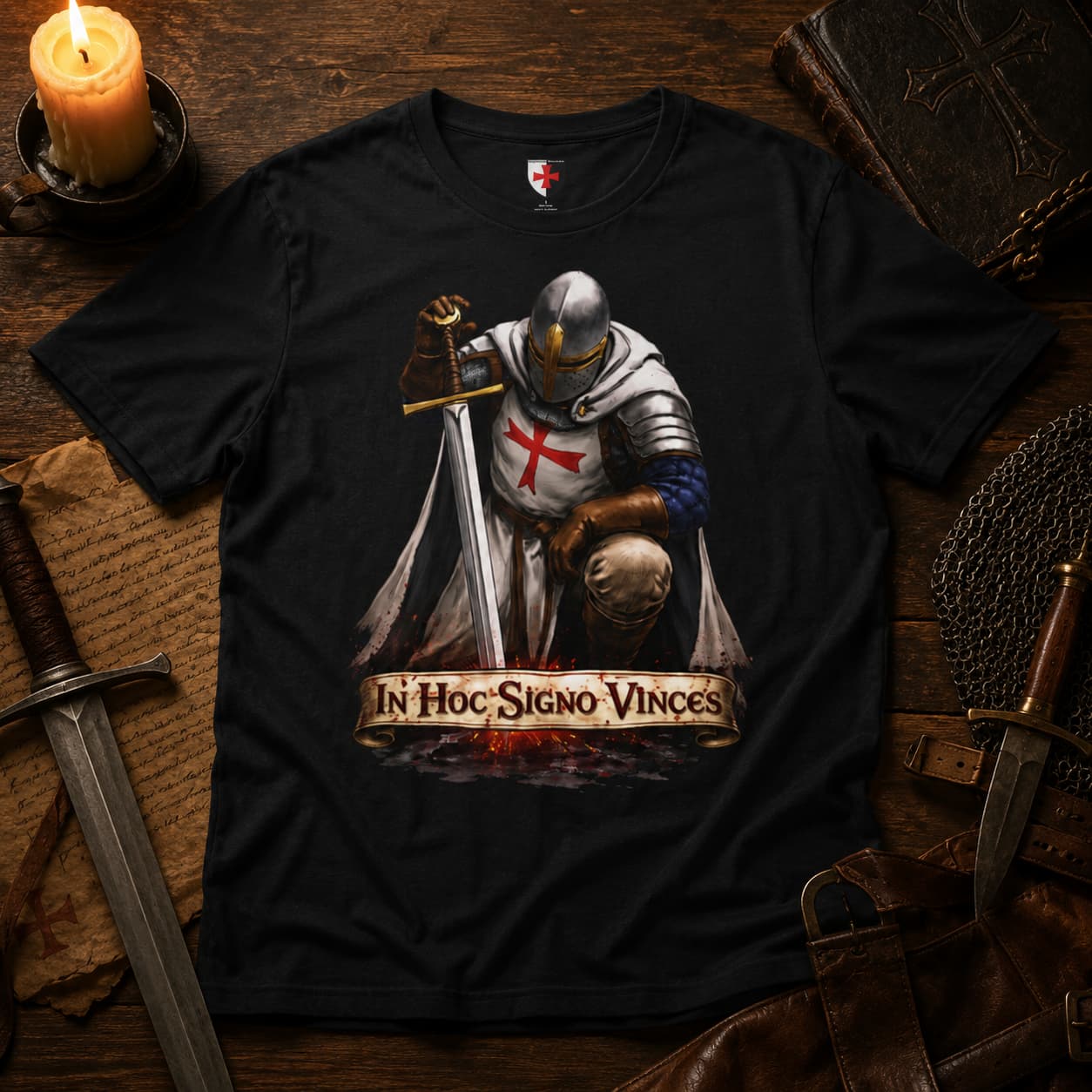 T-Shirt In Hoc Signo Vinces en coton natural présenté sur table en bois ancien avec bougie, parchemin et épée.