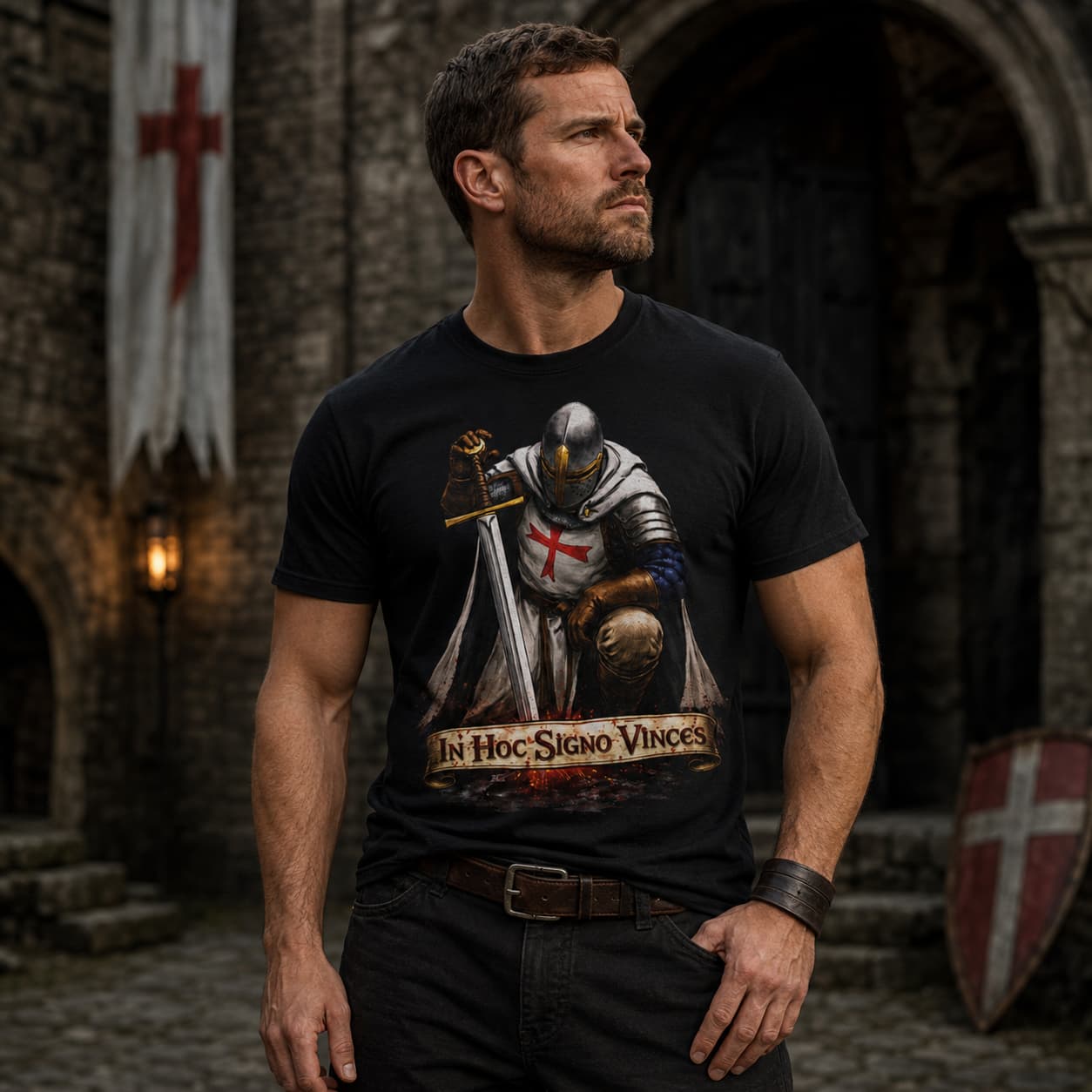T-Shirt In Hoc Signo Vinces en coton noir porté par un homme dans une ambiance de château médiéval.