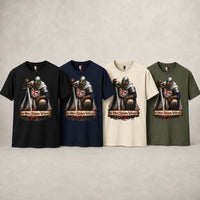 Variantes du T-Shirt In Hoc Signo Vinces en coton en noir, bleu navy, natural et vert militaire.