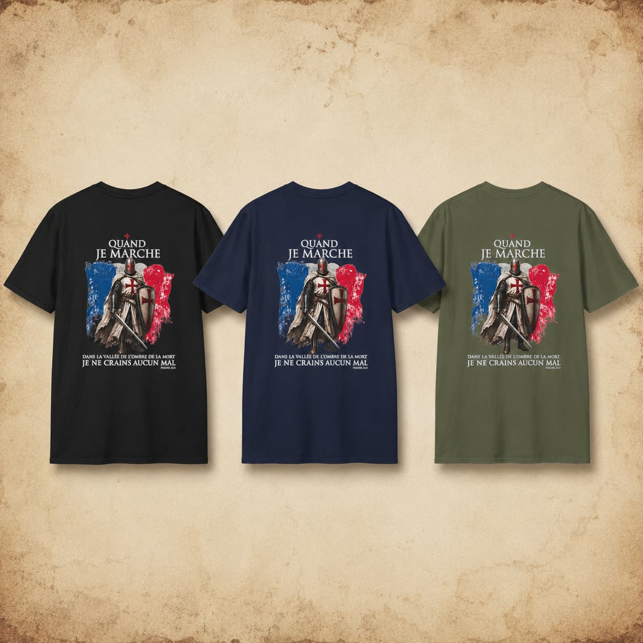 Variantes du T-Shirt Marche du Templier en coton noir, bleu marine et vert militaire avec motif au dos.