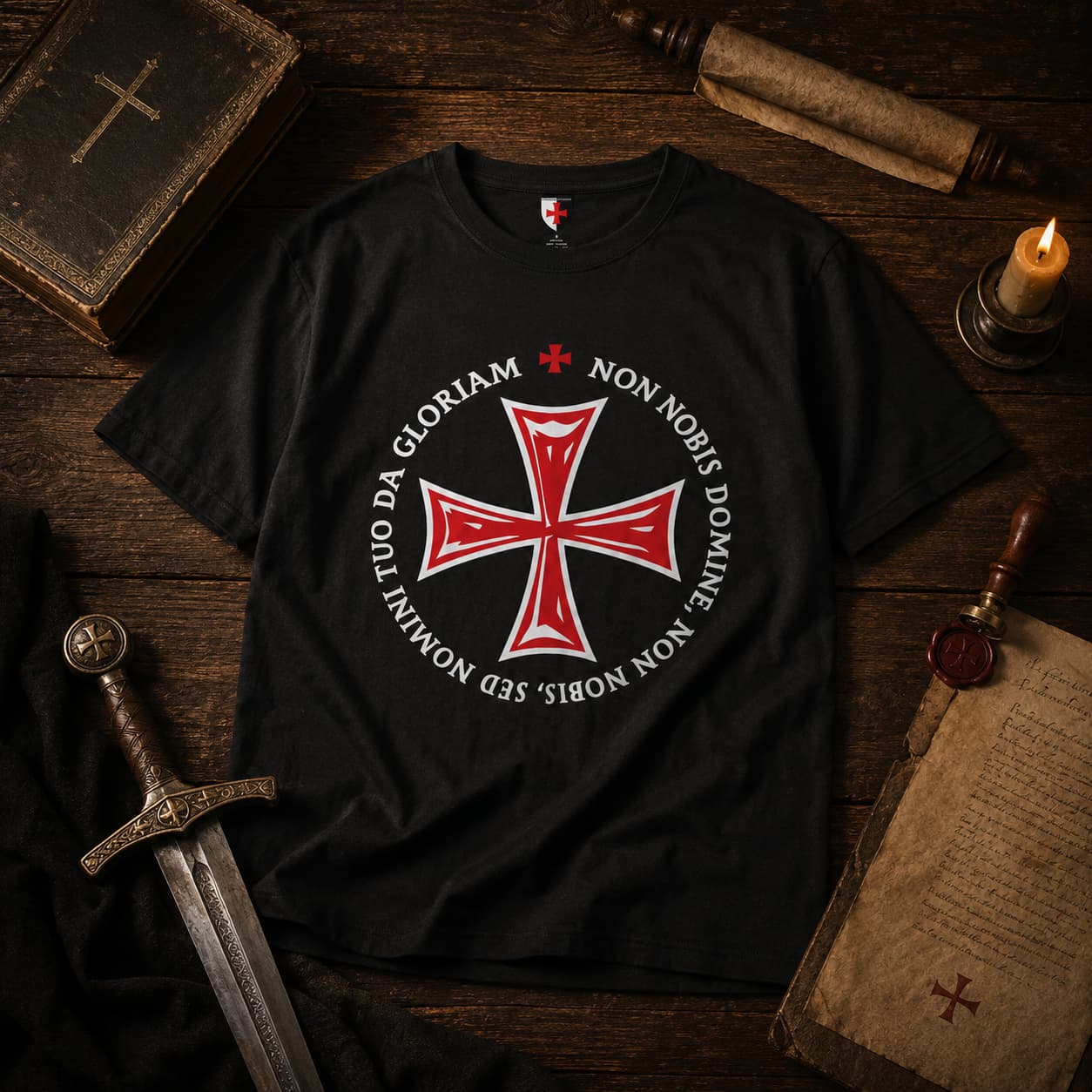 T-Shirt Non Nobis Domine en coton noir présenté sur bois ancien avec décor médiéval.