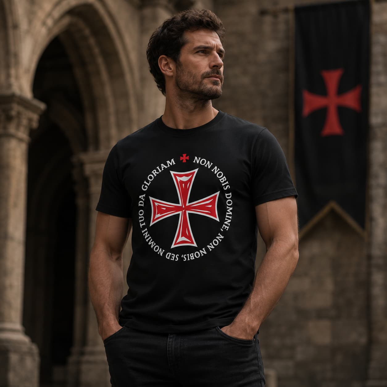 T-Shirt Non Nobis Domine en coton noir porté par un homme dans une ambiance médiévale.
