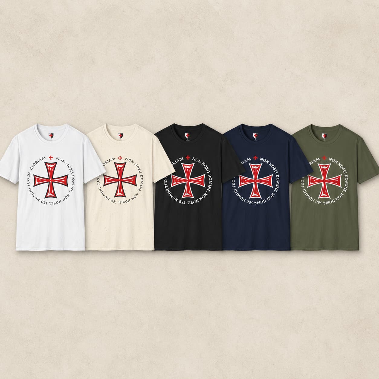 T-Shirt Non Nobis Domine en 100% coton présenté en blanc, natural, noir, bleu navy et vert militaire.