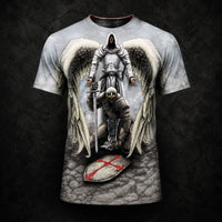 T-Shirt Protection de l’Archange en polyester et spandex avec motif d’archange protecteur et chevalier agenouillé sur fond anthracite.