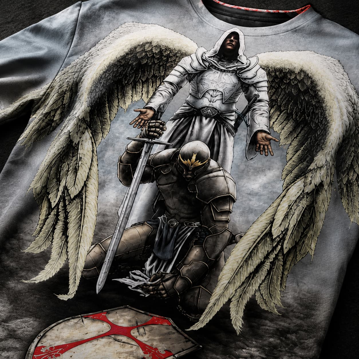 Gros plan du T-Shirt Protection de l’Archange en polyester et spandex avec ailes d’archange, chevalier en armure et bouclier croisé.